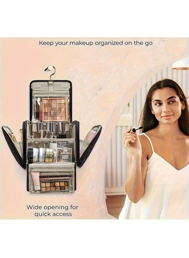 Large Capacity Pink Makeup Bag Travel Organizer With Hooks Multi Compartment Mesh Pockets - Image 5