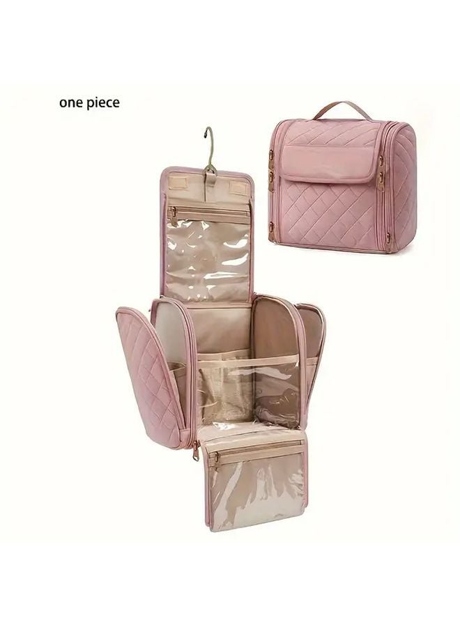 Large Capacity Pink Makeup Bag Travel Organizer With Hooks Multi Compartment Mesh Pockets - Image 1
