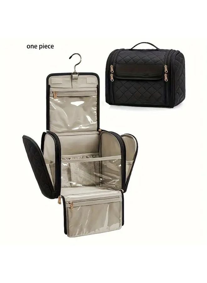 Large Capacity Pink Makeup Bag Travel Organizer With Hooks Multi Compartment Mesh Pockets - Image 4