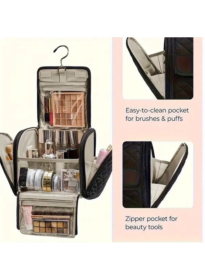 Large Capacity Pink Makeup Bag Travel Organizer With Hooks Multi Compartment Mesh Pockets - Image 3