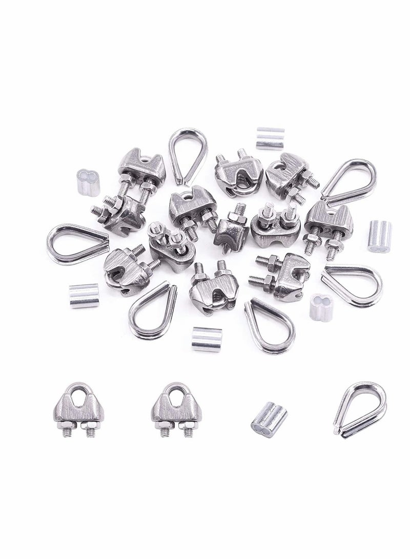 MUNTAQI Wire Rope Accessory Set, 24pcs 304 Stainless Steel Cable Clamp Silver M2 Clip, Thimble, 2mm Aluminum Crimping Loop, for 1/8 inch - Image 1