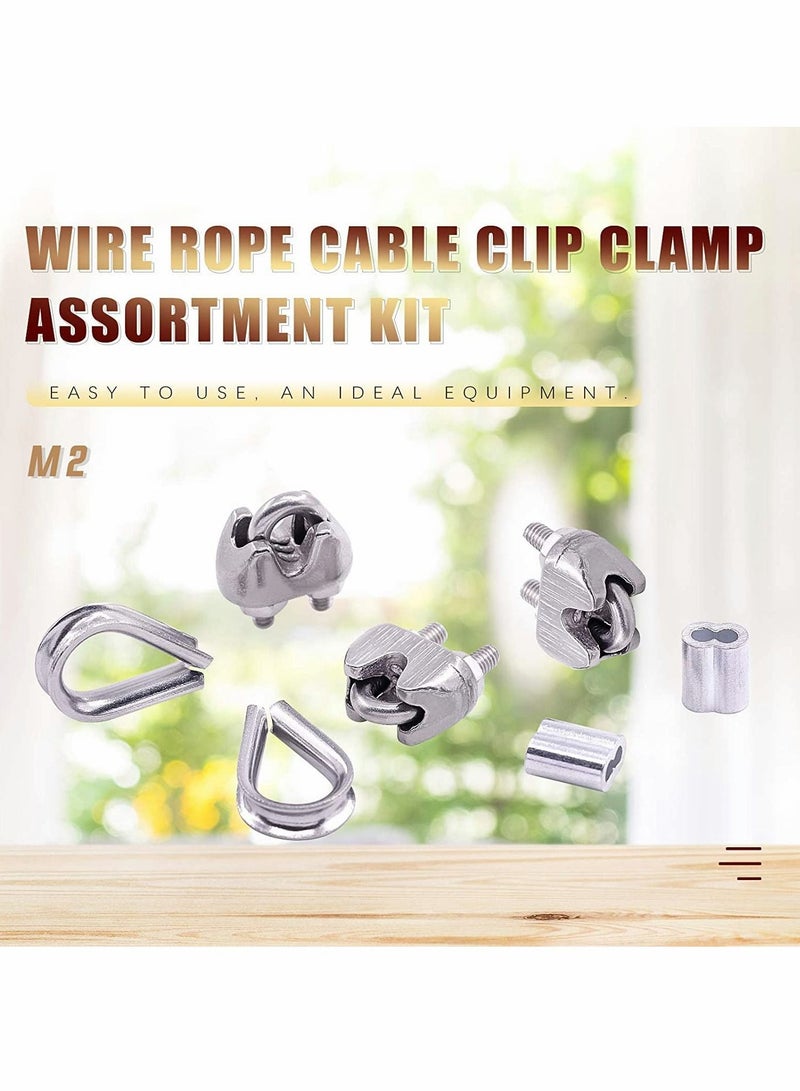MUNTAQI Wire Rope Accessory Set, 24pcs 304 Stainless Steel Cable Clamp Silver M2 Clip, Thimble, 2mm Aluminum Crimping Loop, for 1/8 inch - Image 2