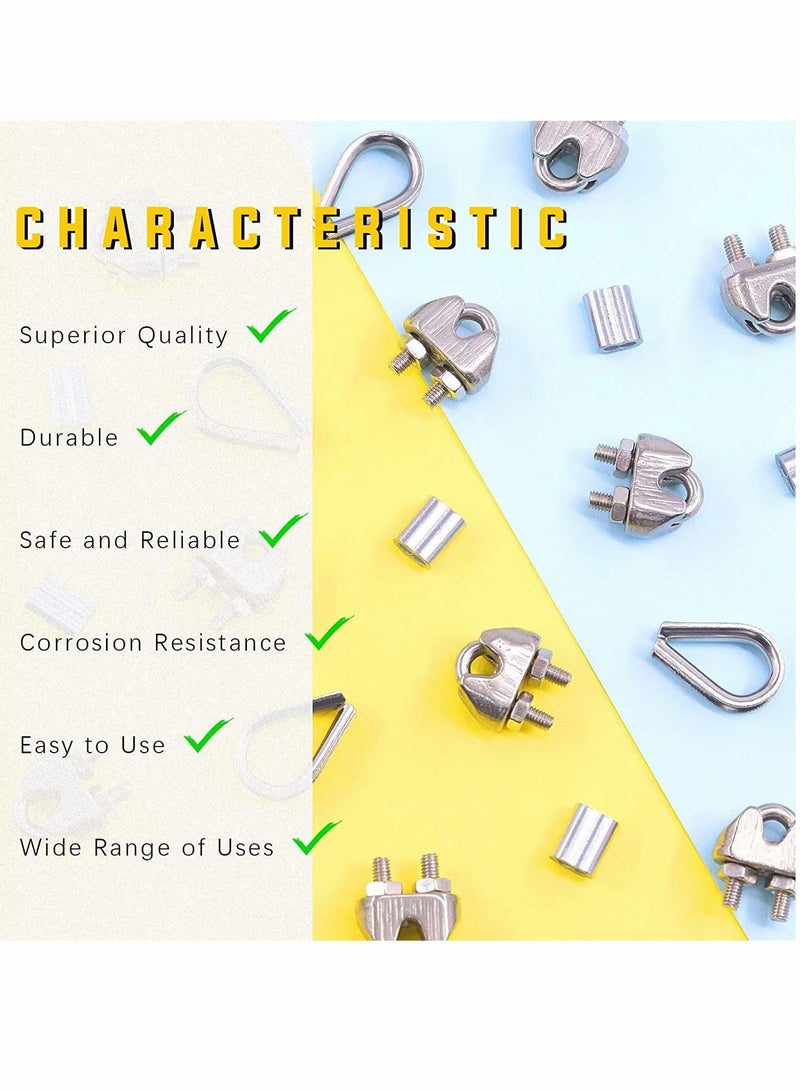 MUNTAQI Wire Rope Accessory Set, 24pcs 304 Stainless Steel Cable Clamp Silver M2 Clip, Thimble, 2mm Aluminum Crimping Loop, for 1/8 inch - Image 5