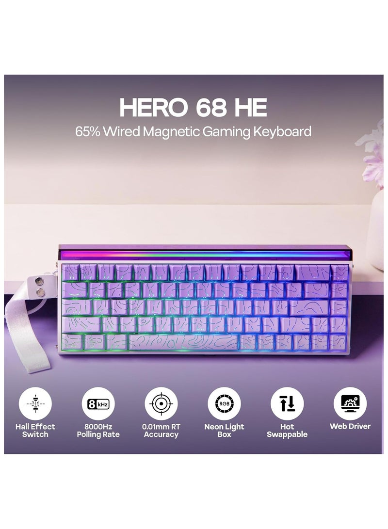 أولا لوحة مفاتيح الألعاب السلكية AULA Hero68 HE، بتقنية المفاتيح المغناطيسية، تشغيل قابل للتعديل حتى 0.01 مم، مفاتيح تأثير هول سريعة، معدل استقصاء 8 كيلوهرتز، تخميد صوتي من 5 طبقات، إضاءة RGB فردية، تخطيط مدمج 65% (أرجواني) - Image 3