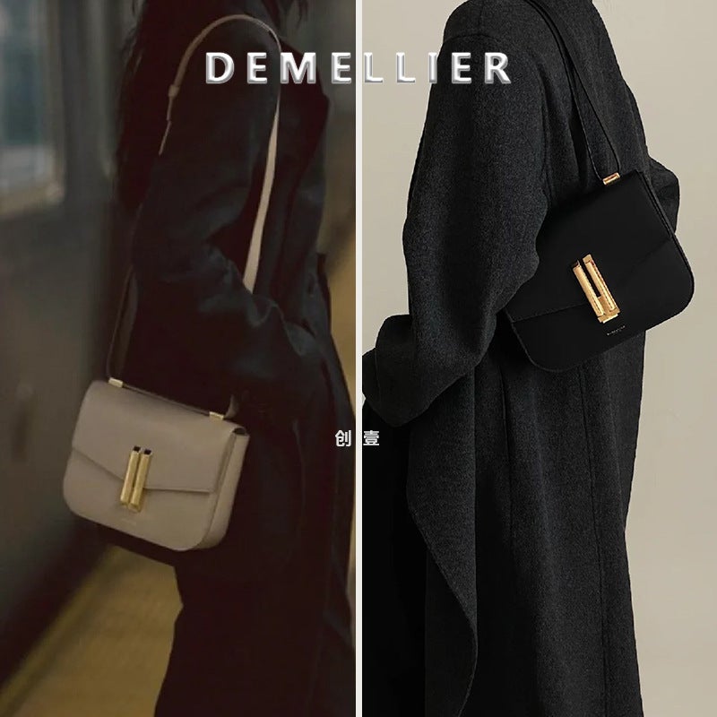 Demellier Tofu Bag DE Vintage British Niche Design Simple Fashion Single Shoulder Leather High-end Small Square Caramel color - Image 2