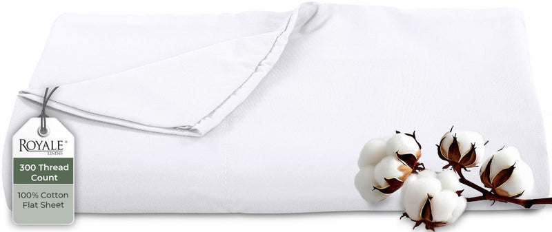 ROYALE LINENS Royale Linens 300 Thread Count 100 Long Staple Combed Cotton Flat Sheet  Super Soft  Top Sheets  Queen Flat Sheet Sold Separately  Breathable Cool  Crisp Percale Sheets Only Queen White 
