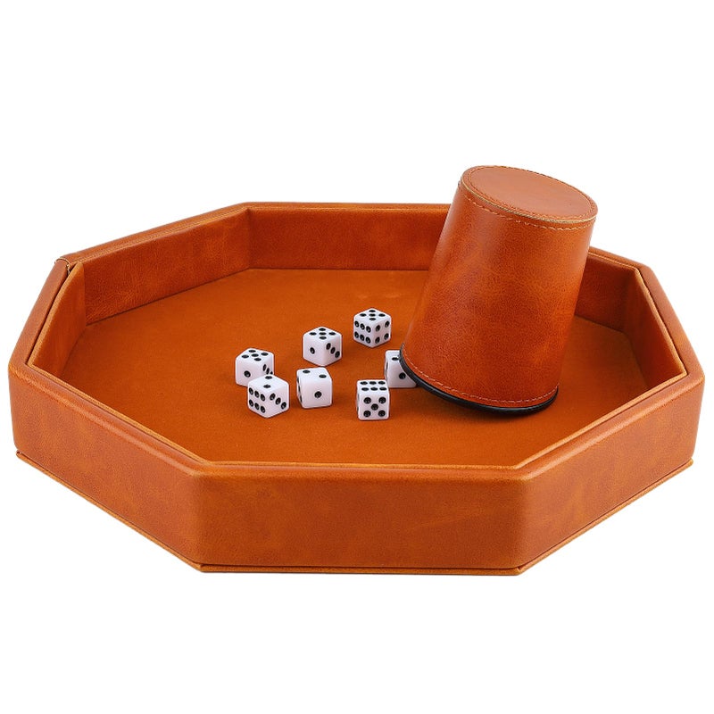 RERIVER Dice Rolling Tray, Felt Lined PU Leather Octagon Dice Tray for Dungeon Crawler Games, Brown - Image 4