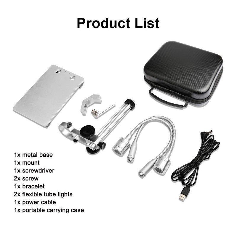 Jiusion Updated with 2 Lamps Aluminum Alloy Universal Adjustable Professional Base Stand Holder Desktop Support Bracket for Max 1.4" in Diameter USB Digital Microscope Endoscope Magnifier Loupe Camera - Image 2