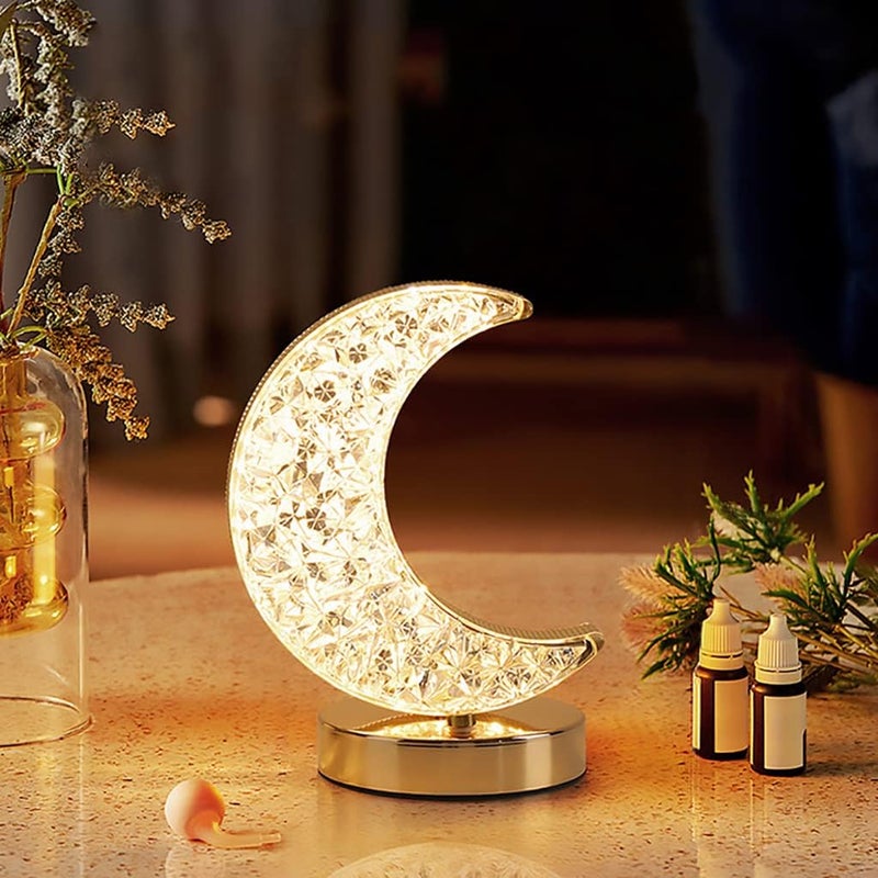 Eworld Crystal Moon LED Touch Control Table Lamp, USB Rechargeable Acrylic Bedside Night Light with 3 Brightness Modes - Image 1