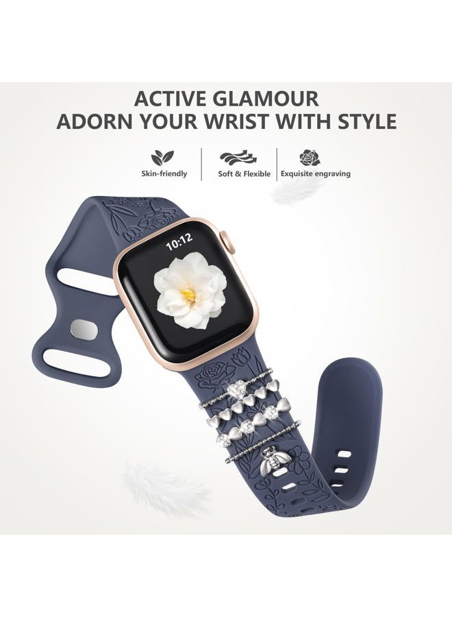DAQIN Flower Engraved Band Compatible with Apple Watch Bands 44mm for Women 42mm 45mm 49mm, Soft Silicone Band With Decorative Apple Watch Charms for iWatch Series 9 8 7 6 5 4 3 2 1 SE (with Band) - Image 5