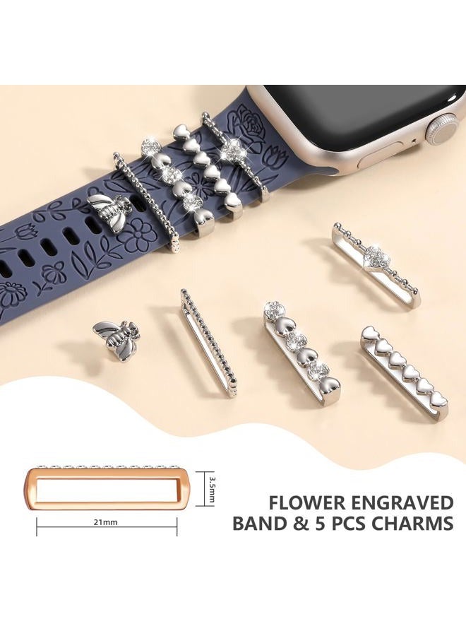 DAQIN Flower Engraved Band Compatible with Apple Watch Bands 44mm for Women 42mm 45mm 49mm, Soft Silicone Band With Decorative Apple Watch Charms for iWatch Series 9 8 7 6 5 4 3 2 1 SE (with Band) - Image 4