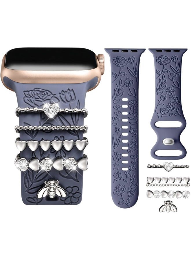 DAQIN Flower Engraved Band Compatible with Apple Watch Bands 44mm for Women 42mm 45mm 49mm, Soft Silicone Band With Decorative Apple Watch Charms for iWatch Series 9 8 7 6 5 4 3 2 1 SE (with Band) - Image 1
