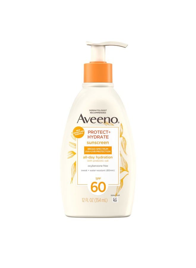 Aveeno Protect + Hydrate Sunscreen Moisturizing Body Lotion with Broad Spectrum SPF 60 and Prebiotic Oat, Weightless, Paraben, Oxybenzone, and Oil Free Sunscreen, 12 FL OZ - Image 1