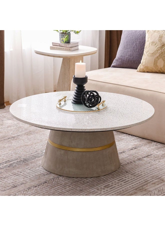 DANUBE HOME Margaret Round Coffee Table Multifunctional Living Room Table Space Saving Center Table Modern Design Furniture For Home L100Xw100Xh40Cm - Beige / Terrazo / Gold - Image 1