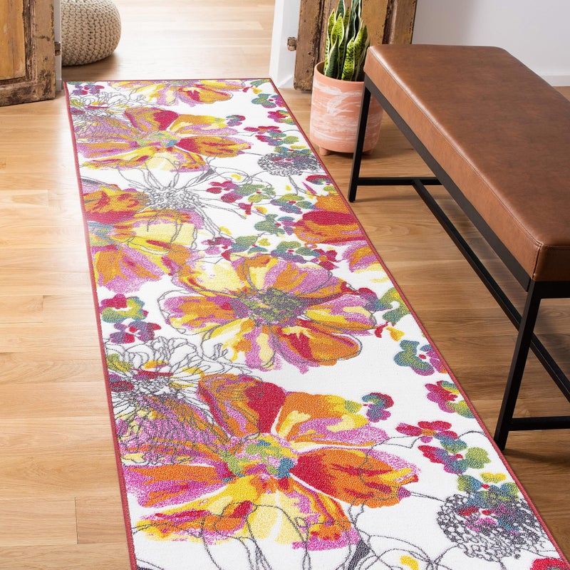 Rugshop سجادة روج شوب الحديثة بأزهار زاهية غير قابلة للانزلاق (غير زلقة) 2' X 7' (22" X 84") متعددة الألوان - Image 5