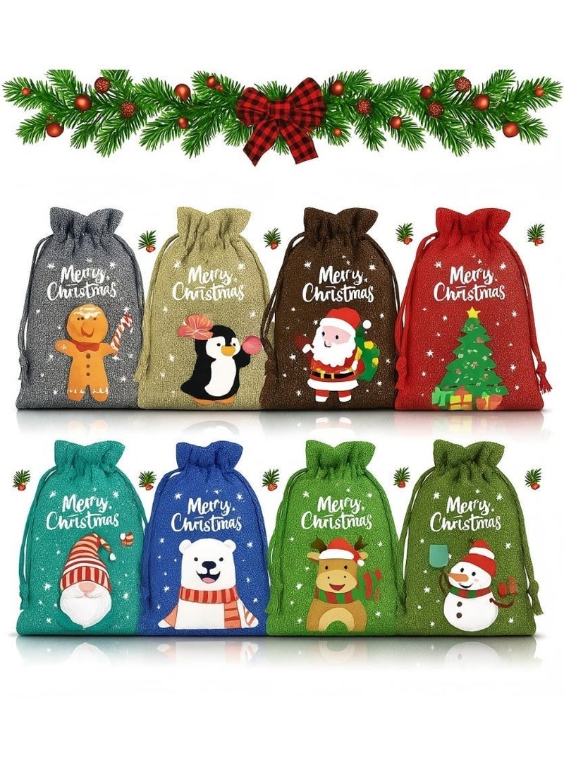 8pcs Christmas Burlap Festival Bags for Gift Set, Reusable Drawstring Treat Pouches for Candy or Goody, Festival Wrapping Bags, for Kids/Men/Women Festival Party Goodies & Xmas Tree Decorations - Image 1