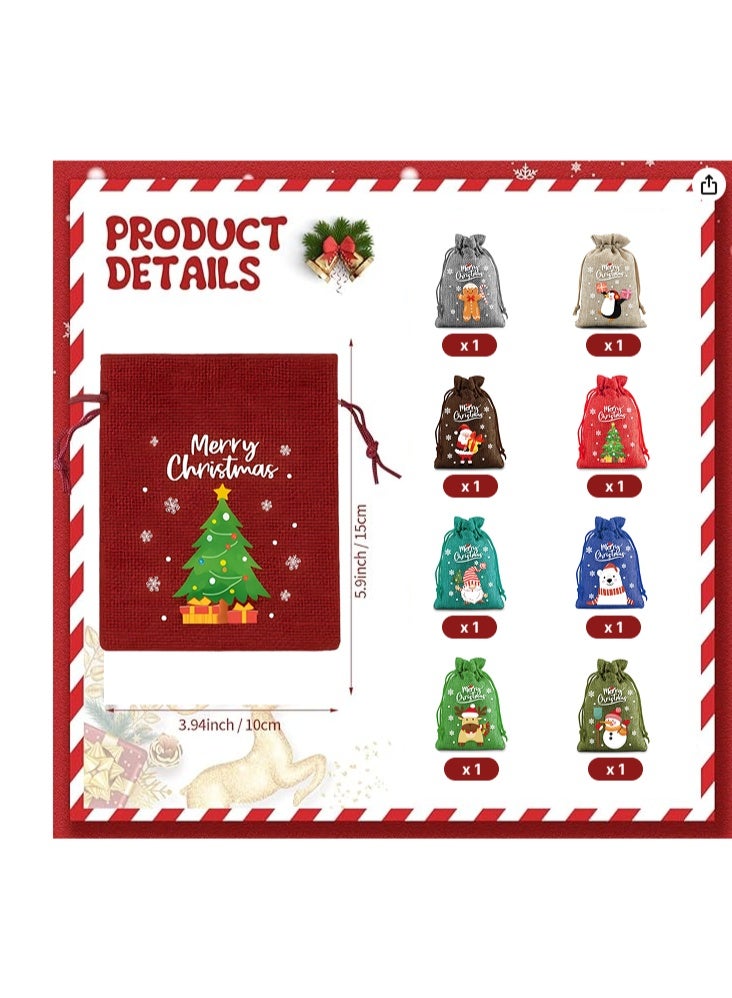 8pcs Christmas Burlap Festival Bags for Gift Set, Reusable Drawstring Treat Pouches for Candy or Goody, Festival Wrapping Bags, for Kids/Men/Women Festival Party Goodies & Xmas Tree Decorations - Image 2