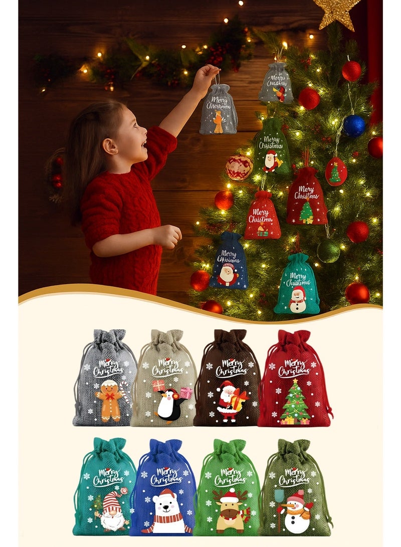 8pcs Christmas Burlap Festival Bags for Gift Set, Reusable Drawstring Treat Pouches for Candy or Goody, Festival Wrapping Bags, for Kids/Men/Women Festival Party Goodies & Xmas Tree Decorations - Image 4