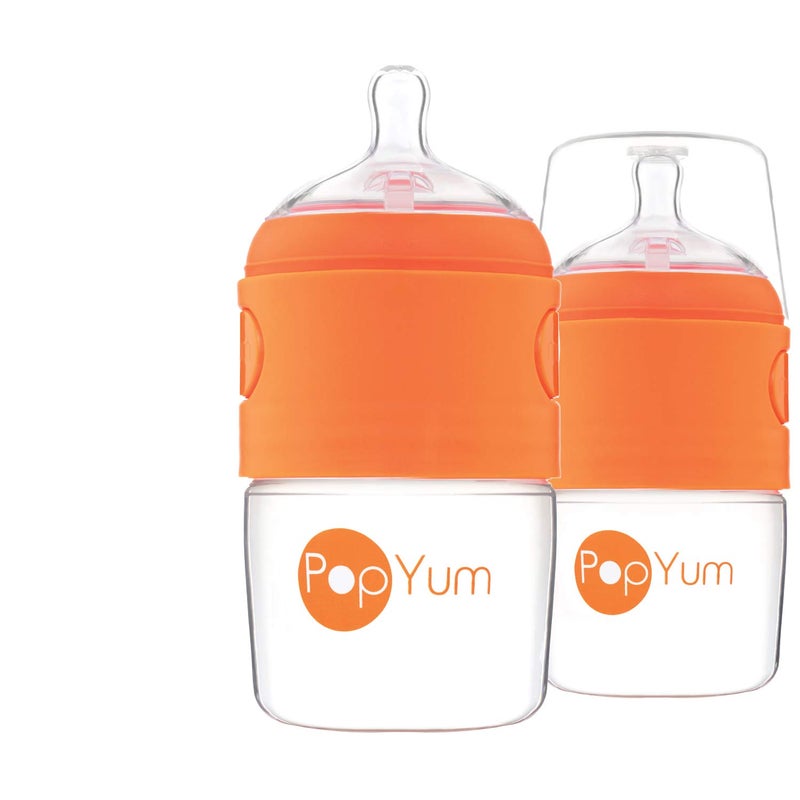 PopYum 5 oz Orange Anti-Colic Formula Making/Mixing/Dispenser Baby Bottles, 2-Pack with #1 Slow Flow Nipples, 150 ml, BPA-Free, Natural Latch - Image 1