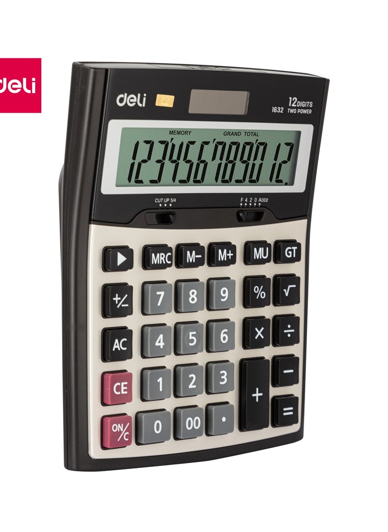 Deli - Deli E1632 12-Digit Desktop Calculator - Solar/LR44 Battery, Black (1PCS/Color Box) - Large Metal Body for Office, School & Industrial Use - Image 1