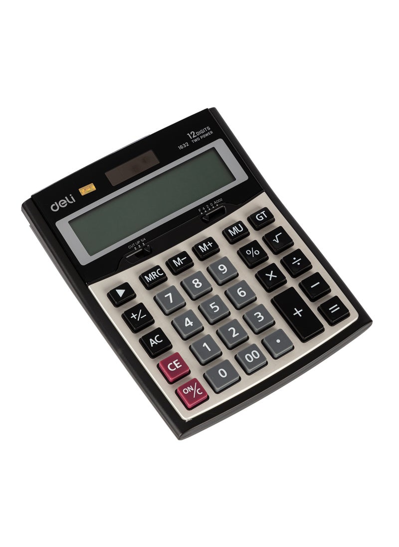 Deli - Deli E1632 12-Digit Desktop Calculator - Solar/LR44 Battery, Black (1PCS/Color Box) - Large Metal Body for Office, School & Industrial Use - Image 1