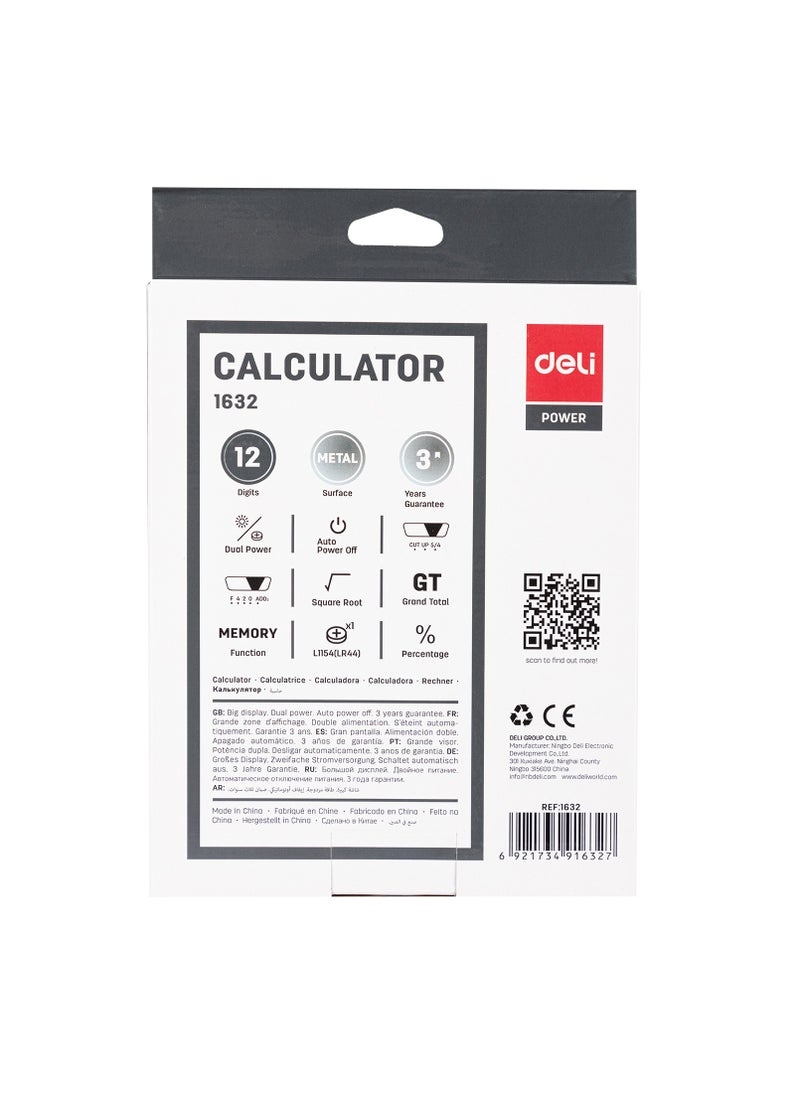 Deli - Deli E1632 12-Digit Desktop Calculator - Solar/LR44 Battery, Black (1PCS/Color Box) - Large Metal Body for Office, School & Industrial Use - Image 1