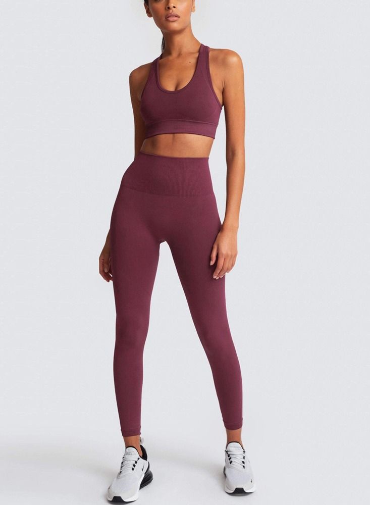 Loquat Fitness Back Bra Solid Color Sports Set Wine Red  - Image 1
