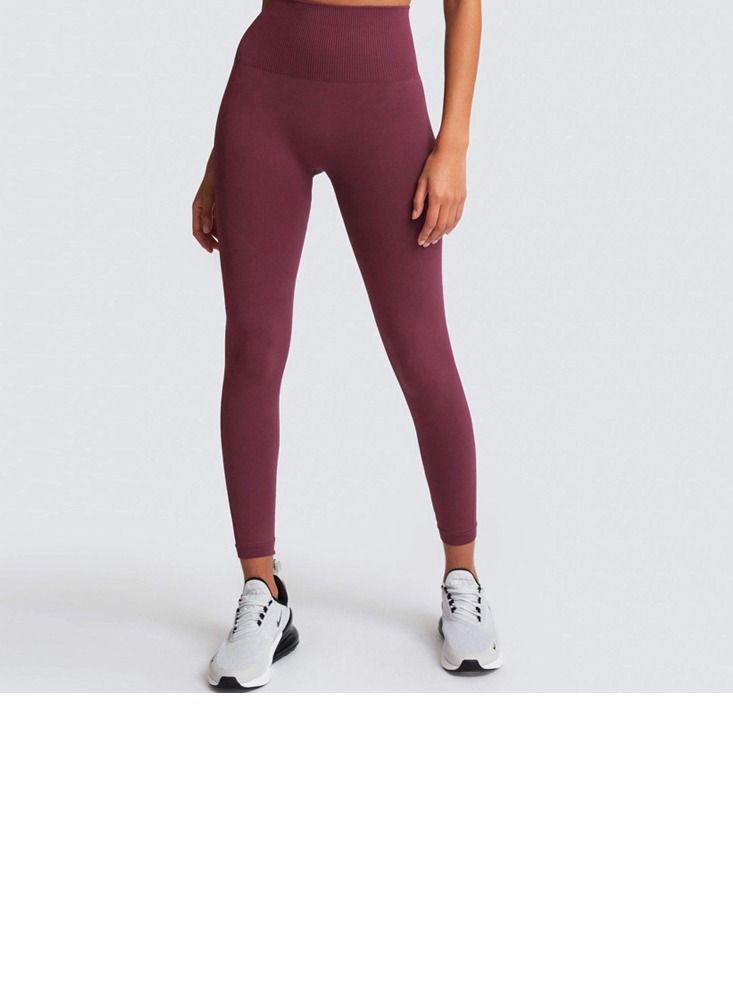 Loquat Fitness Back Bra Solid Color Sports Set Wine Red  - Image 2