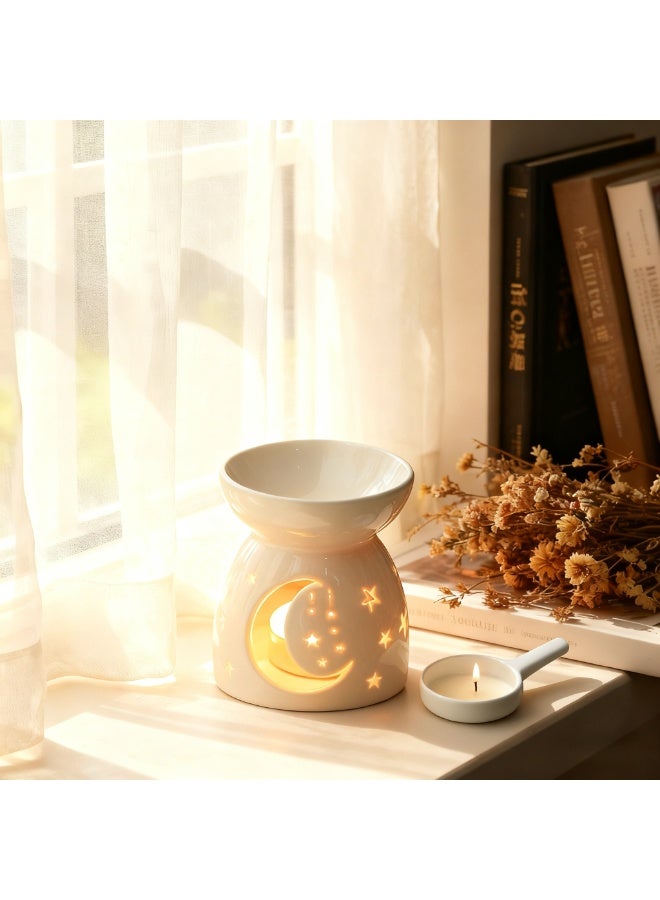 كيل › حامل شموع وفواحة زيوت عطرية من السيراميك بتصميم نجوم وقمر مفرغ باللون الأبيض للديكور في غرفة المعيشة والشرفة والحديقة - Image 4