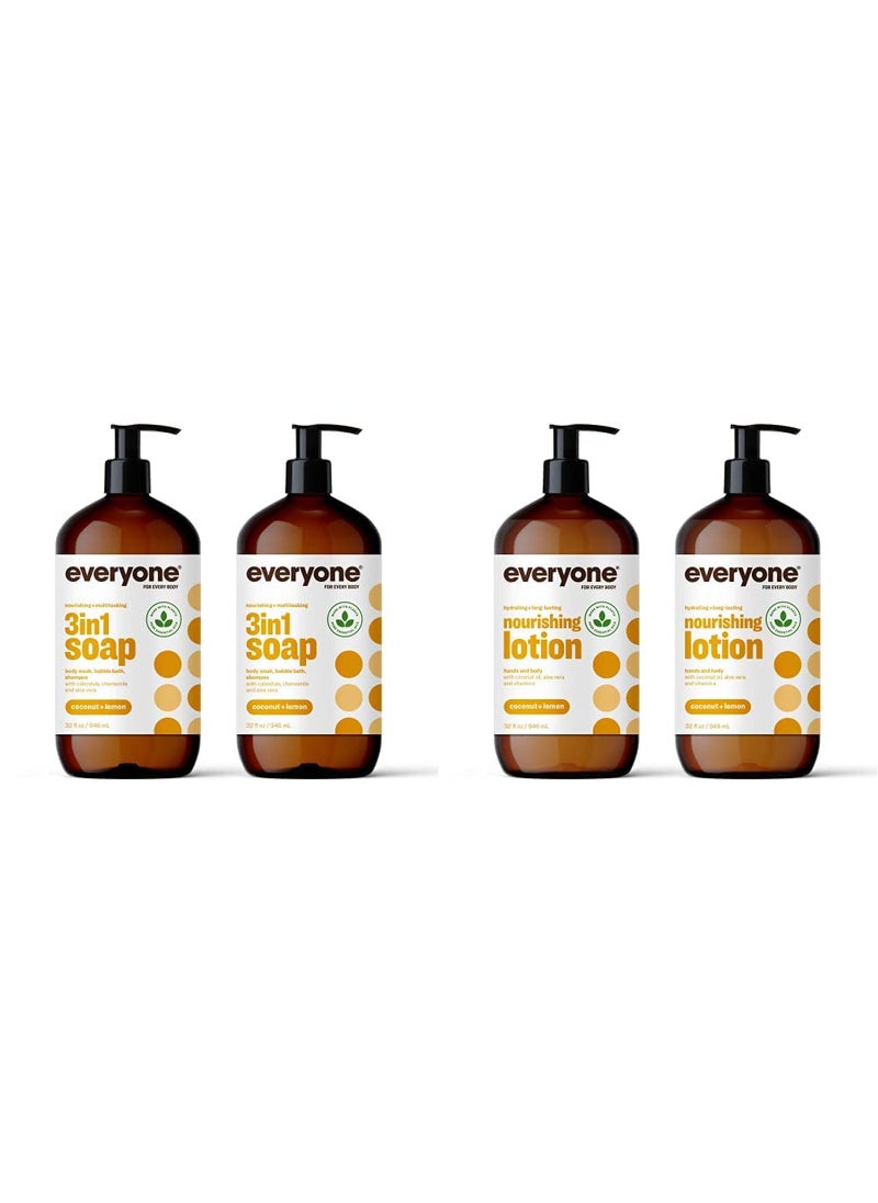 EO Everyone 3in1 Soap Body Wash Bubble Bath Shampoo 32 Ounce and Hand and Body Lotion 32 Ounce Bundle  Coconut and Lemon 