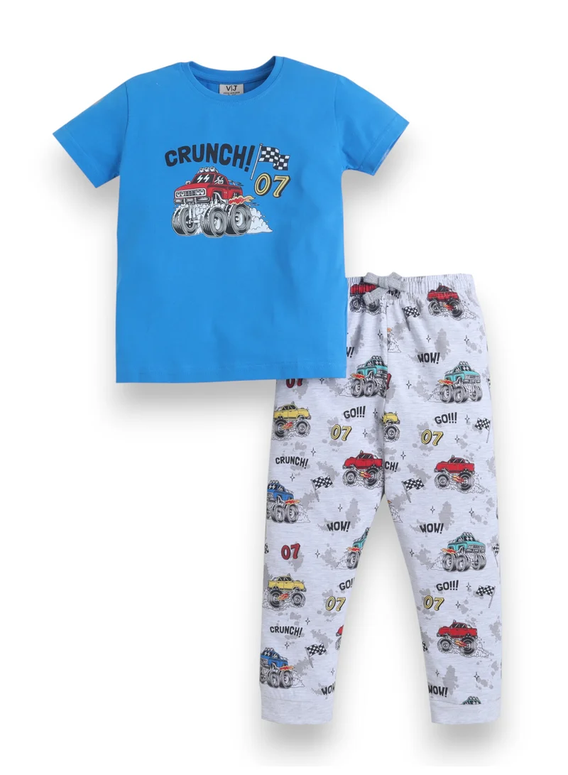 فكتور اند جين Boys Monster Truck Print Cotton Pajama Set – T-Shirt & Full Pants Nightwear