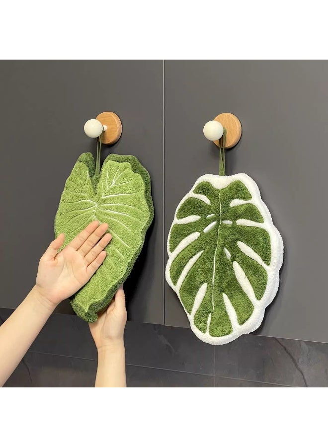 HomeNoor 2Pcs Tropical Leaf Shaped Hand Towel, Ultra Soft Absorbent Quick-Dry Coral Fleece Hanging Cleaning Cloth For Kitchen Bathroom Decor - Image 1