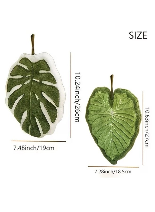 HomeNoor 2Pcs Tropical Leaf Shaped Hand Towel, Ultra Soft Absorbent Quick-Dry Coral Fleece Hanging Cleaning Cloth For Kitchen Bathroom Decor - Image 2
