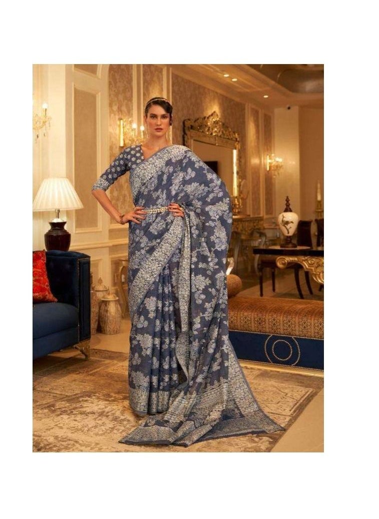 Grab Mantra - Blue Silk Saree with Zari And Lakhnavi Work Plus Unstitched Blouse - Image 1