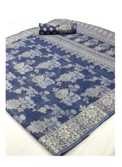 Blue Silk Saree with Zari And Lakhnavi Work Plus Unstitched Blouse