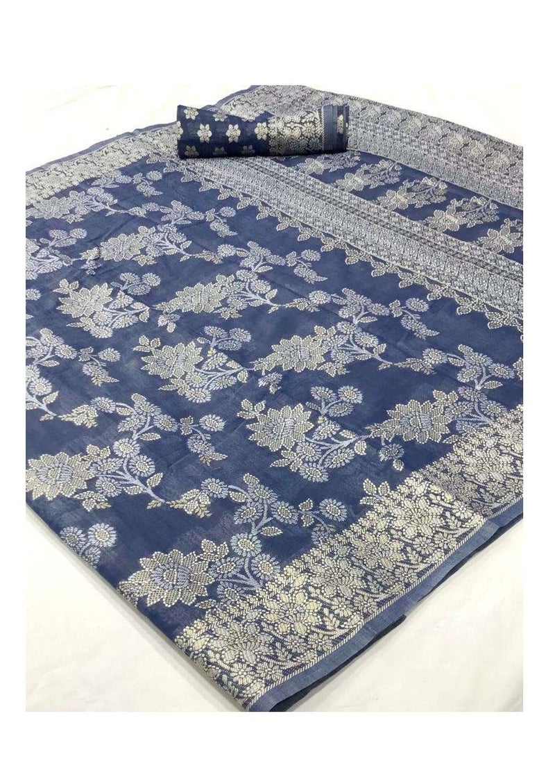 Grab Mantra - Blue Silk Saree with Zari And Lakhnavi Work Plus Unstitched Blouse - Image 1
