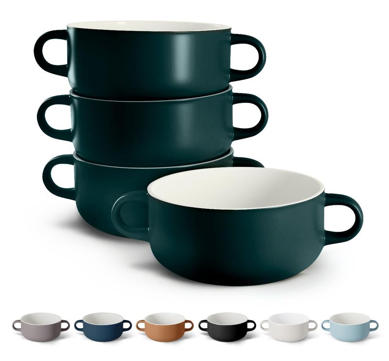Kook Soup Crocks Ceramic Bowls Broil Oven Microwave and Dishwasher Safe with Handles For Casserole Pasta Cereal 18 oz Set of 4 Hunter Green
