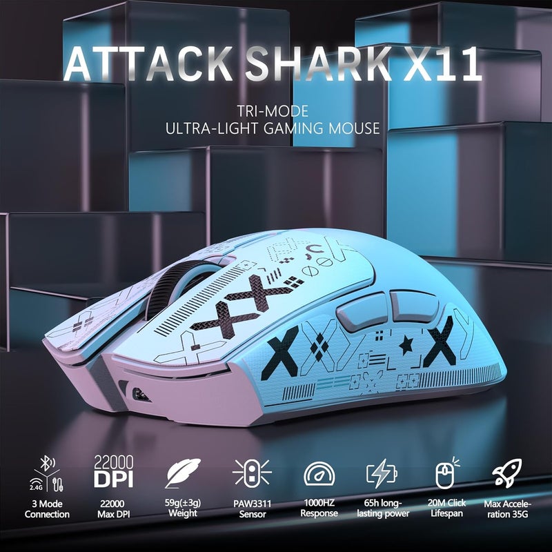 ماجيك-ريفاينر Attack Shark X11 59g ماوس ألعاب لاسلكي فائق الخفة مع شريط قبضة وقاعدة شحن RGB، ماوس كمبيوتر لاسلكي/سلكي BT/2.4G، 22000 DPI، 5 أزرار قابلة للبرمجة للكمبيوتر/ماك (أبيض) - Image 2