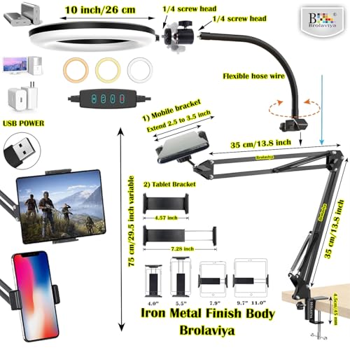 BROLAVIYA Overhead Video Stand with 10-inch Ring Light, Metal arm Body,1/4" Ball Head for Camera,Webcam,Gopro, with Mobile and Tablet Bracket for Overhead Video,Desktop,Bedroom, Office. - Image 4