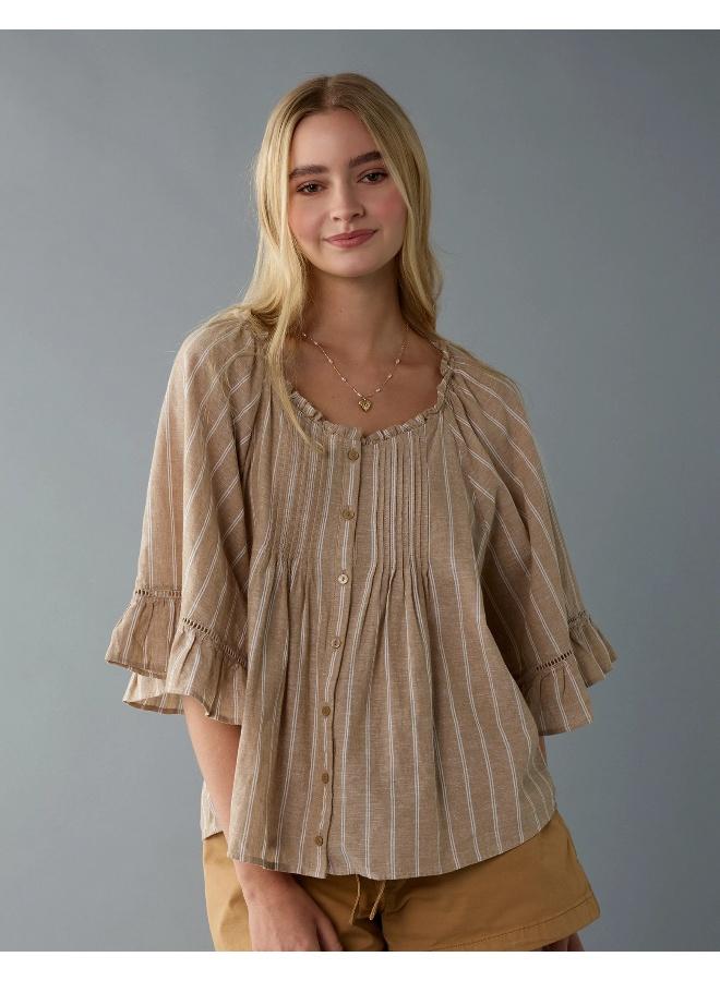 American Eagle AE Linen-Blend Ruffle Blouse - Image 1