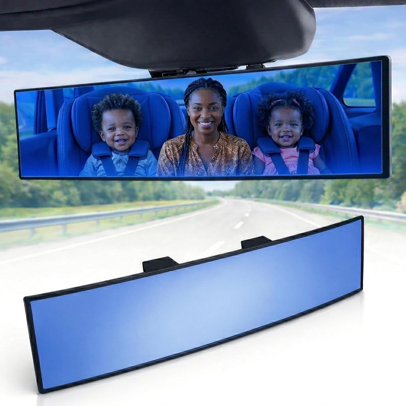 ICBEAMER 9.4" Car Rear View Mirror, HD Blue Tint, Panoramic Wide Angle Convex Surface, 2 Interior Retractable Rubber Clips, Anti Glare, Automotive Accessories Universal for Truck, Car, SUV, 1 Pack - Image 1