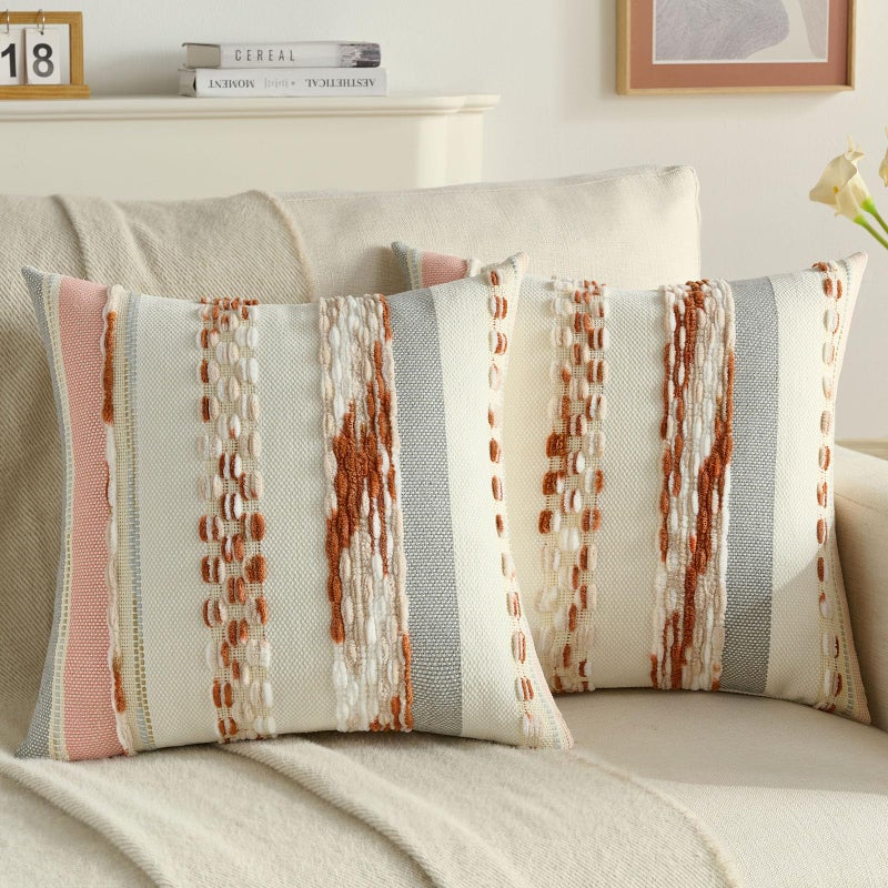 FUTEI Rust Beige Decorative Throw Pillow Covers 18x18 Inch Set of 2, Soft Tufted Striped Textured Accent Cushion Case,Boho Pillows for Couch Decor - Image 1
