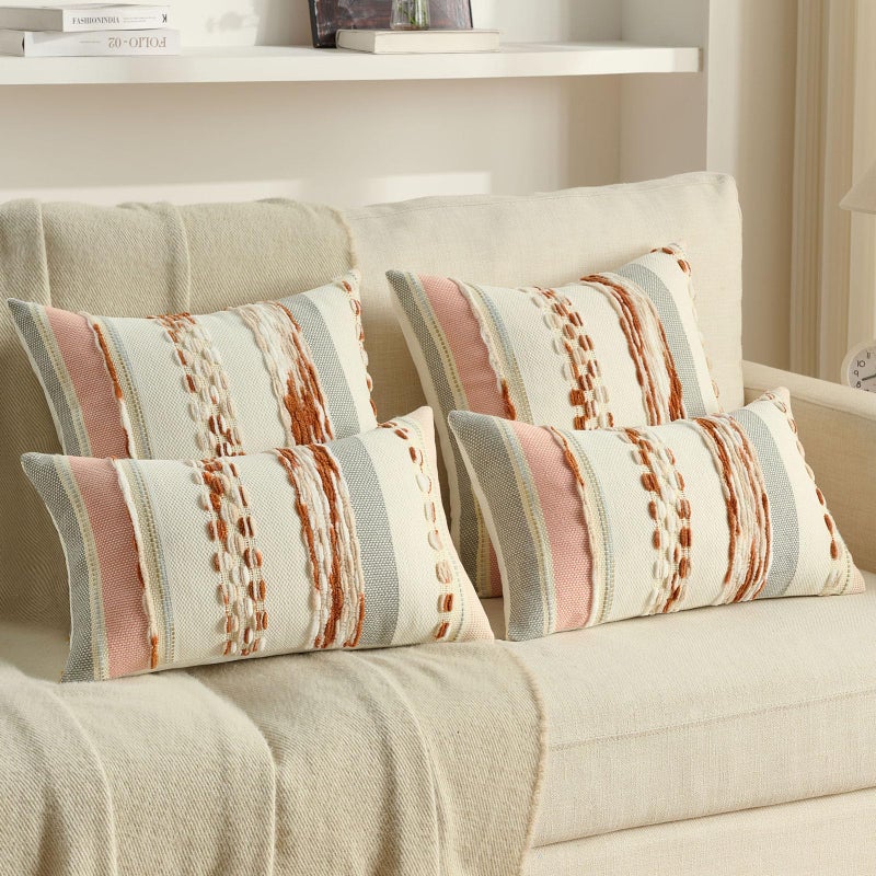 FUTEI Rust Beige Decorative Throw Pillow Covers 18x18 Inch Set of 2, Soft Tufted Striped Textured Accent Cushion Case,Boho Pillows for Couch Decor - Image 5