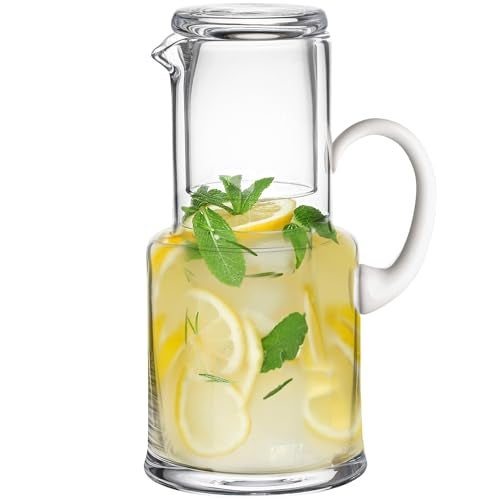 Barski European Quality Glass 2 Pc Water set Large 25 oz Bedside Water Set Desktop Water carafe with 6 oz Tumbler Glass with Opal white Handle Made in Europe
