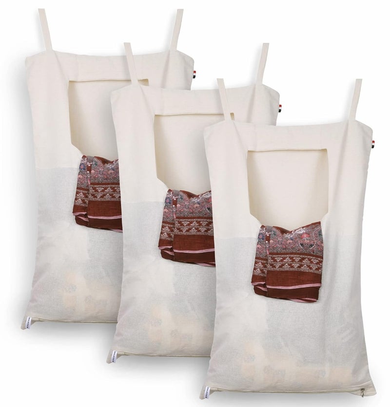 Solstice Cotton Laundry Bag Basket With Lid WallDoor Hanging Laundry Hamper Bag With Zip Big Size Foldable Hanging And Washable Set Of 3 White - Image 1