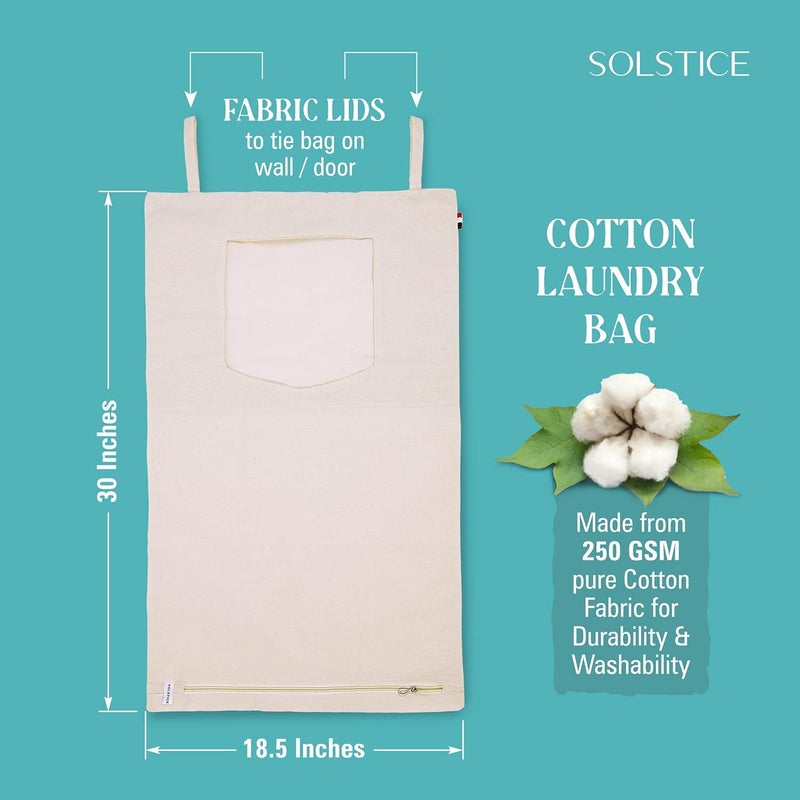 Solstice Cotton Laundry Bag Basket With Lid WallDoor Hanging Laundry Hamper Bag With Zip Big Size Foldable Hanging And Washable Set Of 3 White - Image 2