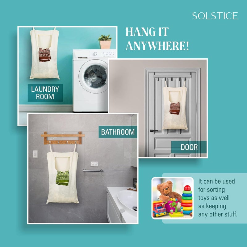 Solstice Cotton Laundry Bag Basket With Lid WallDoor Hanging Laundry Hamper Bag With Zip Big Size Foldable Hanging And Washable Set Of 3 White - Image 4
