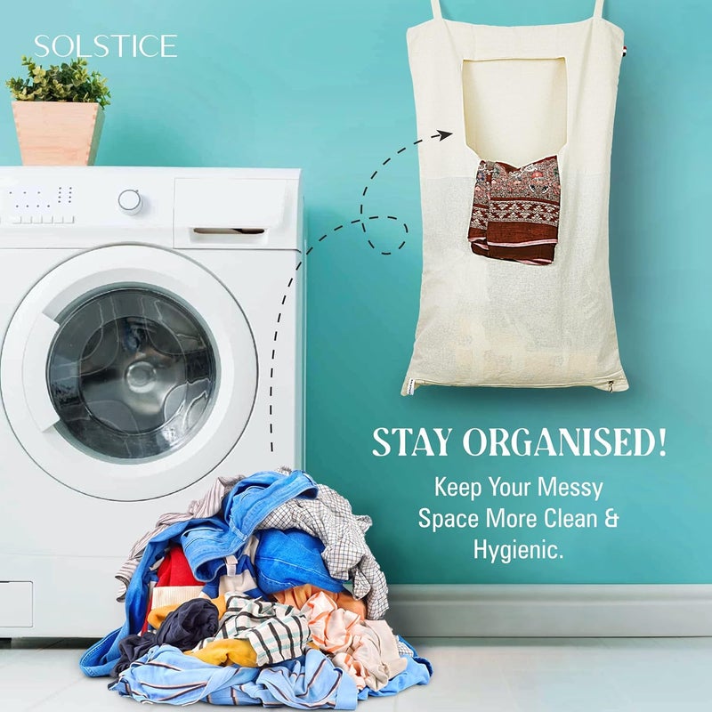 Solstice Cotton Laundry Bag Basket With Lid WallDoor Hanging Laundry Hamper Bag With Zip Big Size Foldable Hanging And Washable Set Of 3 White - Image 5