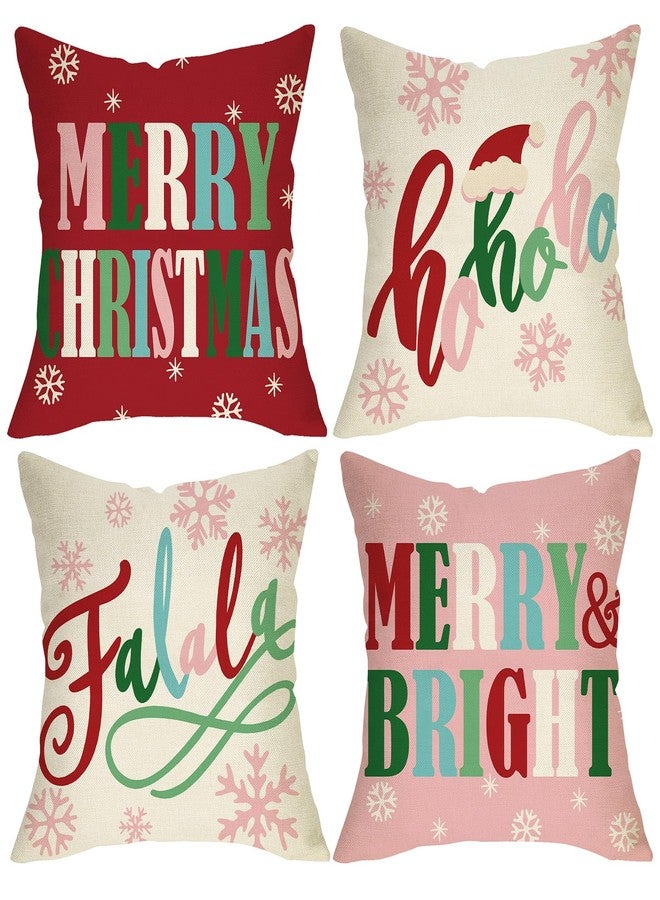 Fjfz Merry Christmas Bright Decorative Throw Pillow Covers 18 x 18 Set of 4, Pink Xmas Falala Hohoho Santa Hat Porch Outdoor Home Decor, Winter Holiday Snowflake Sofa Couch Cushion Case - Image 1