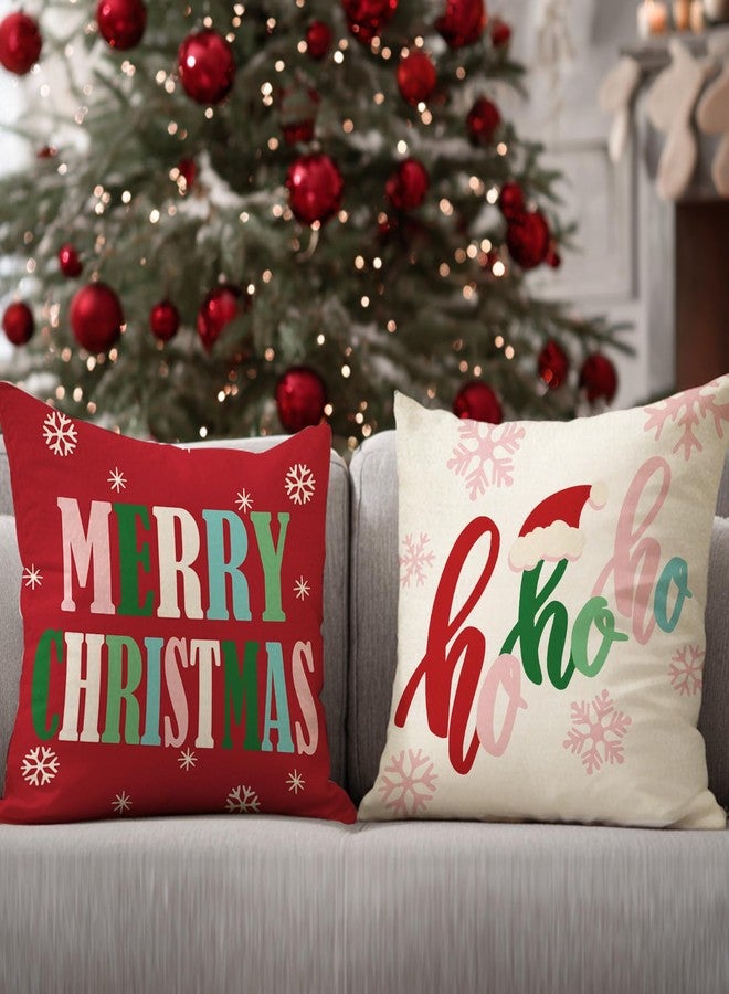 Fjfz Merry Christmas Bright Decorative Throw Pillow Covers 18 x 18 Set of 4, Pink Xmas Falala Hohoho Santa Hat Porch Outdoor Home Decor, Winter Holiday Snowflake Sofa Couch Cushion Case - Image 3